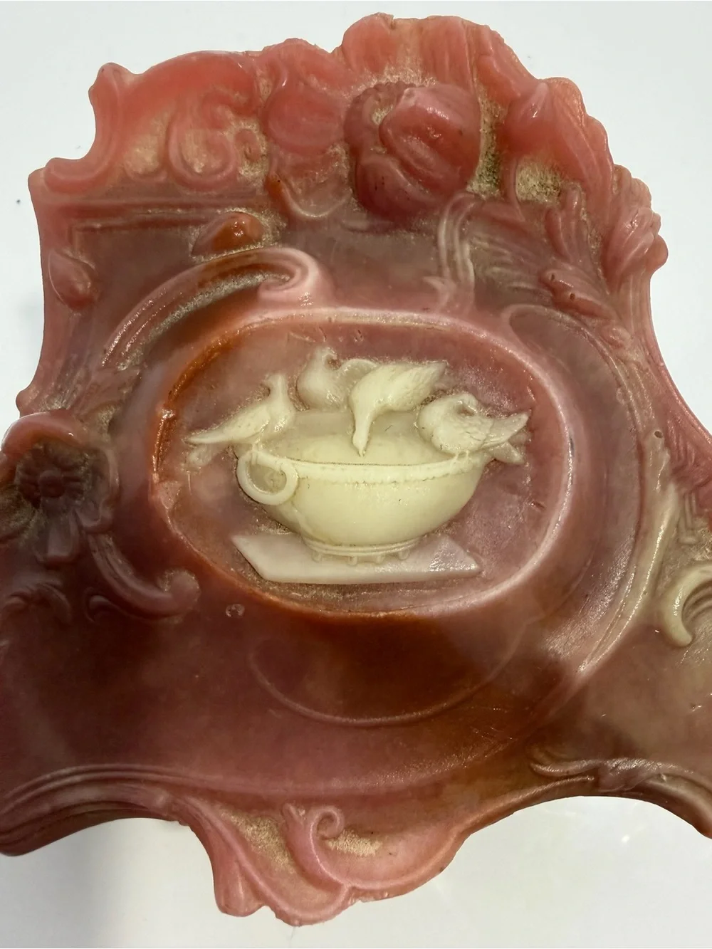 Vintage Genuine Incolay Stone Jewelry Box Pink Cameo Doves Bird Bath USA Made